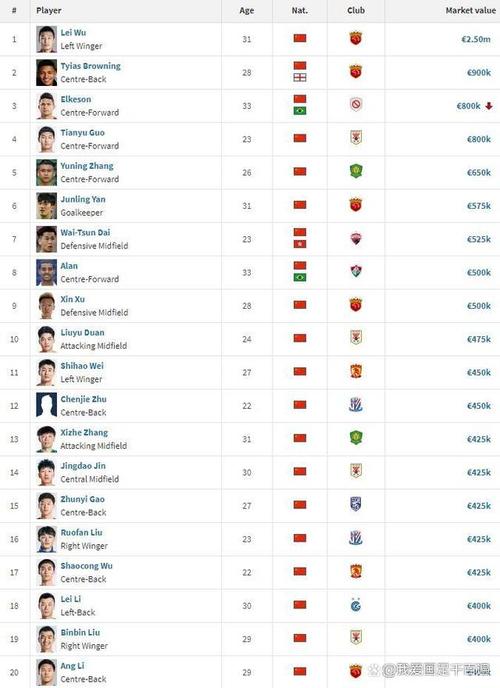 U23中国球员市值排名 张玉宁位居榜首(图1)